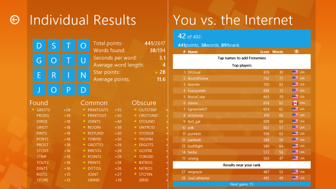 Wordament is a popular time limited word game